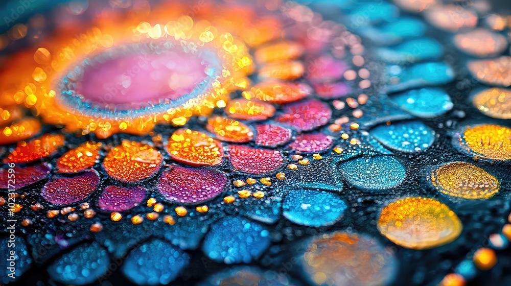 Poster A vibrant close-up of colorful patterns featuring droplets that create an eye-catching abstract art design.