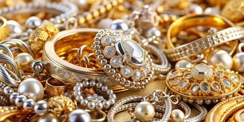 Mixed gold, silver, and diamond jewelry resembling a treasure trove , luxury, sparkly, elegant, precious, gemstones