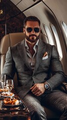 A handsome man in his thirties, wearing an elegant suit and sunglasses, is sitting on the seat of a luxury private jet with glass windows