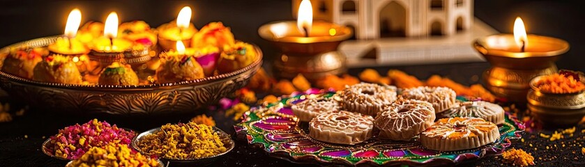 Fototapeta premium Colorful Indian festival setup with sweets, lamps, and decorative items creating a vibrant celebration ambiance.