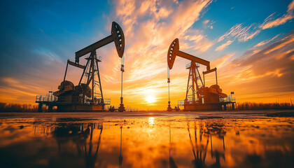 Obraz premium Oil drilling derricks at desert oilfield. Crude oil production from the ground. Oilfield services contractor. Oil drill rig and pump jack. Petroleum production, natural gas, liquids, NGL, additive
