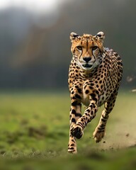 Fototapeta premium Cheetah Sprinting Across Open Field Showcasing Speed and Elegance of the Fastest Land Animal