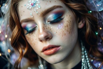 Obraz premium Close-up of a girl's face with festive makeup and sequins. The image gives her a fabulous and mystical look. The concept of New Year's Eve or birthday.