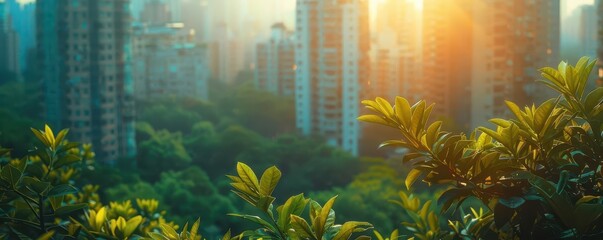 Obraz premium Urban Nature Walks, vibrant colors, lush greenery, city backdrop, photography