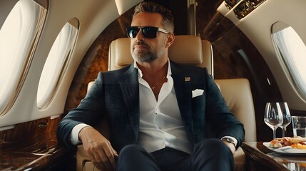 A handsome man in his thirties, wearing an elegant suit and sunglasses, is sitting on the seat of a luxury private jet with glass windows