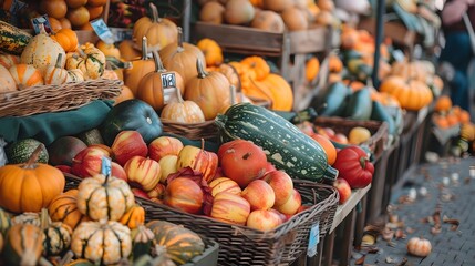 Bountiful Autumn Harvest at a Quaint Farmers Market Stall