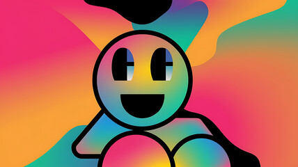 Smiling blue and yellow cartoon character on colorful abstract background, playful and joyful, perfect for social media and marketing. 
