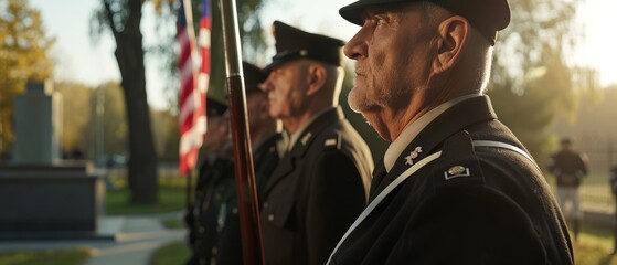 Veterans solemnly stand in formation, holding flags during a ceremonial event in a sun-drenched park, paying homage with dignity and respect.