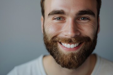 Fototapeta premium Close up of smiling bearded student on gray background.