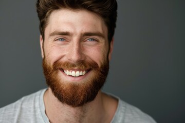 Fototapeta premium Close up of smiling bearded student on gray background.