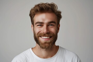 Obraz premium Smiling young man in white shirt showing healthy teeth.