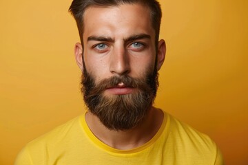 Obraz premium Handsome man in yellow t shirt with serious expression.