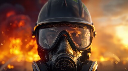 A powerful image of a masked individual in a helmet, surrounded by fire and smoke, conveying themes of danger and resilience.