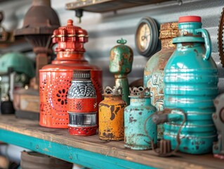 Vintage Car Parts, vibrant colors, eclectic items, indoor setting, photography