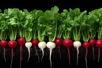Colorful Radishes on Rich Dark Soil with Fresh Green Leaves on Top