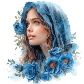recommend clip art: Watercolor Clipart of Mother Mary with Blue Flowers and Roses