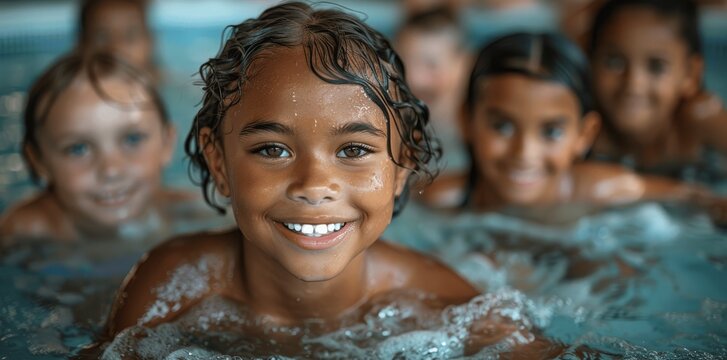 Happy kids learning swimming in indoor pool, summer vacation concept - Powered by Adobe