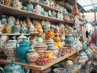 Vintage Market Day, vibrant colors, eclectic items, bustling crowds, photography