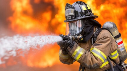 Fototapeta premium A firefighter sprays water to extinguish a blaze, showcasing bravery and commitment to public safety in a dramatic, fiery backdrop.