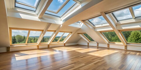 Obraz premium Interior shot of a room with roof windows, showcasing natural light and spaciousness , Dormer windows