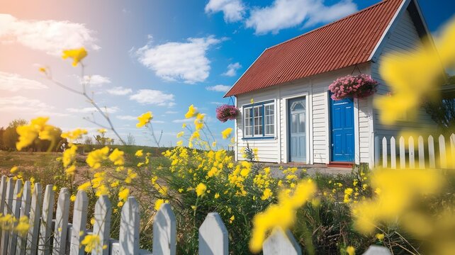small house with a red roof and white walls, featuring blue shutters and a flower box under the window. picturesque rural living, home aesthetics, or gardening.