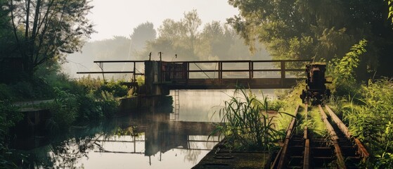 Fototapeta premium A misty river scene with an old bridge, surrounded by lush greenery and gentle morning light, creating a peaceful, secluded atmosphere.