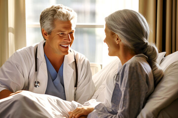 Obraz premium A doctor warmly engages with an elderly female patient in a hospital bed, surrounded by soft natural light. Concept of elderly care, recovery, and doctor-patient relationships