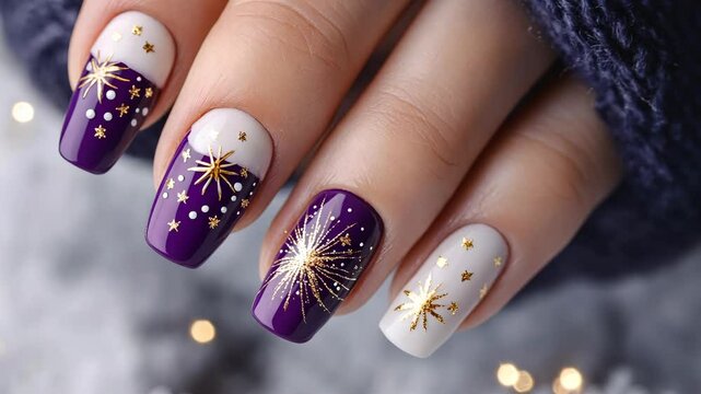 A close-up of a hand with purple and white nails decorated with gold stars and fireworks