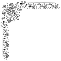 Hand-drawn corner frame with swirling blooming flowers.