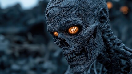 A hauntingly detailed close-up of a dark skeletal figure with glowing orange eyes, evoking themes of horror and the supernatural.
