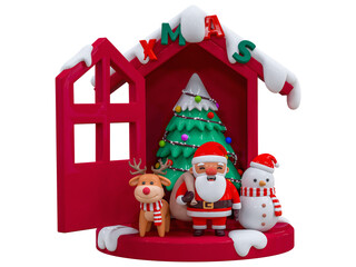 Merry Christmas and Happy New Year. Santa claus with house, snow man, reindeer, christmas decorations and snow. Realistic cute 3D characters design for banner, web poster, ads, holiday greetings