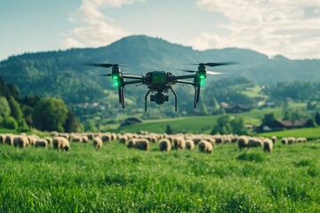 Drone Over Sheep Grazing in Scenic Mountainous Countryside Environment