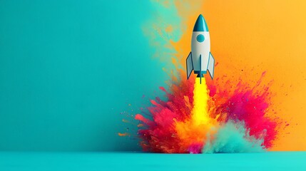 Obraz premium Rocket launching with colorful smoke against a vibrant background.