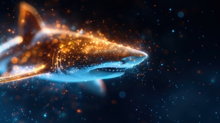 A digitally rendered shark, glowing with vibrant colors and surrounded by a sparkling aquatic backdrop, creating a dynamic and eye-catching effect.
