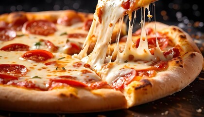 Delicious pepperoni pizza with stretchy cheese, close-up food photography for menus