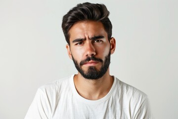 Fototapeta premium Serious young Hispanic man in casual t shirt poses naturally.