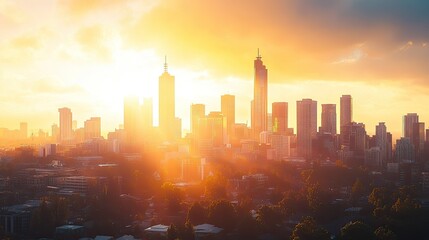A city skyline bathed in the warm glow of a rising sun, with golden light reflecting off the buildings.