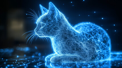 Hologram pet animal. Futuristic augmented reality holographic projection polygon cat. 3d unique digital art of wireframe kitten for modern home, advanced technology innovation, future human lifestyle