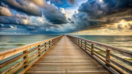 Fototapeta premium Wooden fishing pier boardwalk overlooking the ocean with a cloudy sky , pier, promenade, boardwalk, wharf
