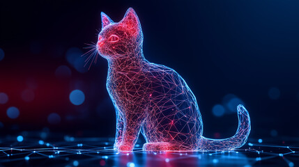 Hologram of a domestic cat. Futuristic augmented reality holographic projection of a polygonal animal. Digital art, advanced technological innovations, future human lifestyle