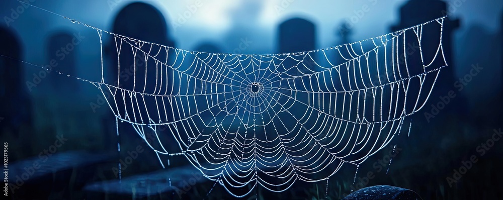 Poster a haunting spider web glistens with dew in an eerie graveyard, creating a spooky scene shrouded in m