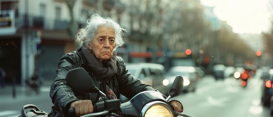 An elderly person with a determined expression rides a motorcycle amidst a city street bathed in the soft glow of early morning light.