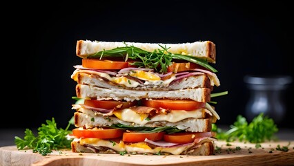 Mouthwatering club sandwich with fresh greens and tomatoes, culinary blog illustration