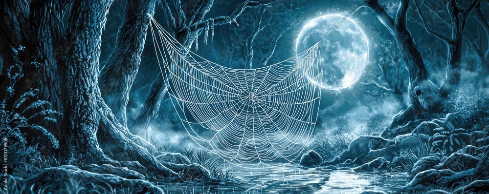 Poster a mysterious forest scene illuminated by a full moon, featuring a large spider web and eerie atmosph