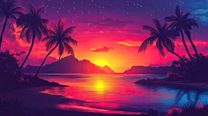 Obraz premium A colorful sunset over a tropical island, with palm trees silhouetted against the glowing sky and the ocean reflecting the light.