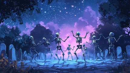 A playful cartoon-style illustration of skeletons having a dance party in a foggy graveyard at night. The sky is filled with stars, and tombstones create an eerie backdrop.