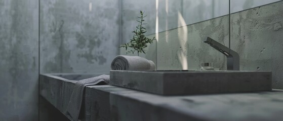 Sleek concrete bathroom interior with minimalist features, including a modern sink and towel, exuding calmness and modern luxury.