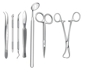 Surgical Instruments vector illustration. Forceps, Scissors, Scalpel, Carmalt Forceps isolated on white. Medical Education Illustration