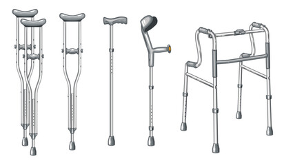 Crutches and walking aid, medical tool for disability or disabled people, Physiotherapy treatment isolated on white. Medical Education Illustration