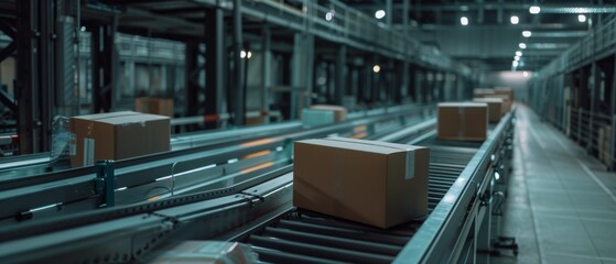 A series of cardboard boxes move steadily along a conveyor belt in a dimly lit warehouse, symbolizing the rhythm of industrial operations.